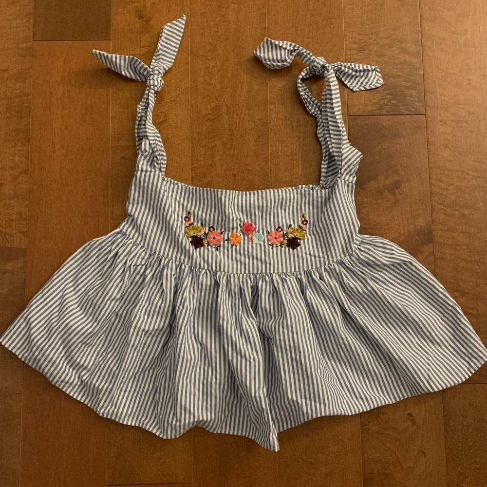 Zara Blue and White Striped Tie-Shoulder Tank with Floral Embroidery